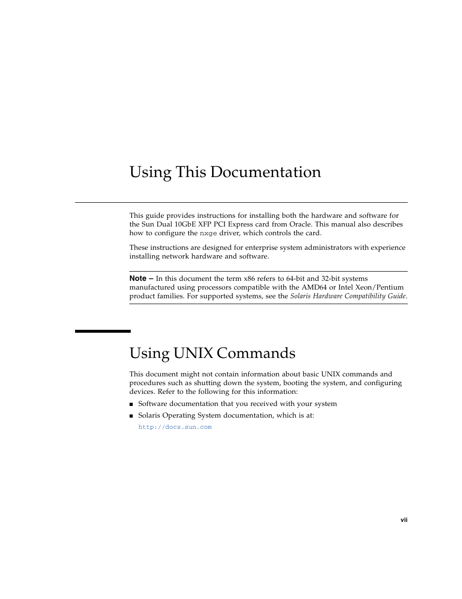 Using this documentation, Using unix commands | Oracle Audio Technologies Sun Oracle SunDual 10GbE XFP User Manual | Page 7 / 86