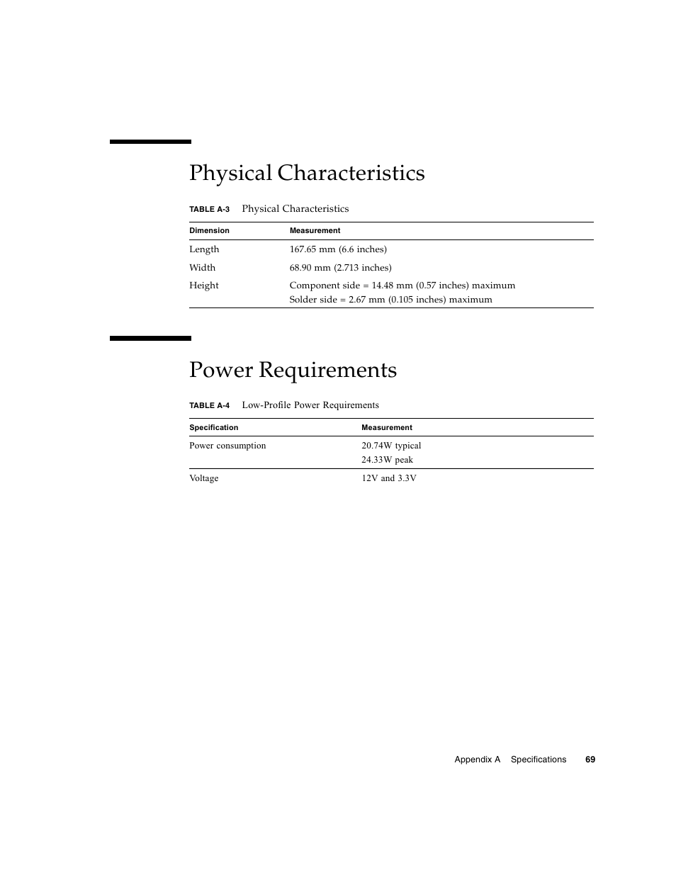 Physical characteristics, Power requirements, Physical characteristics power requirements | Oracle Audio Technologies Sun Oracle SunDual 10GbE XFP User Manual | Page 79 / 86