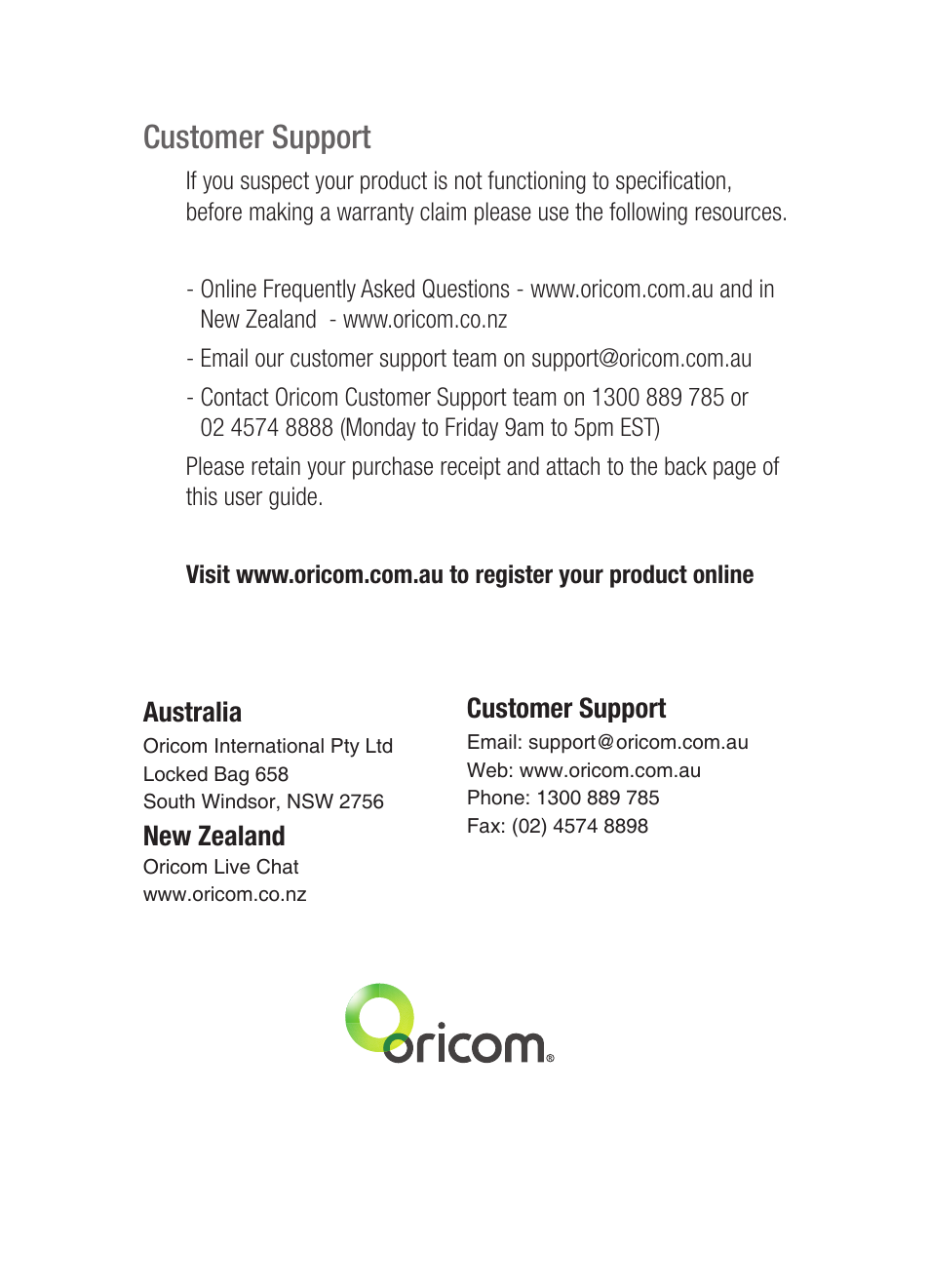 Customer support | Oricom UHF200 User Manual | Page 36 / 36