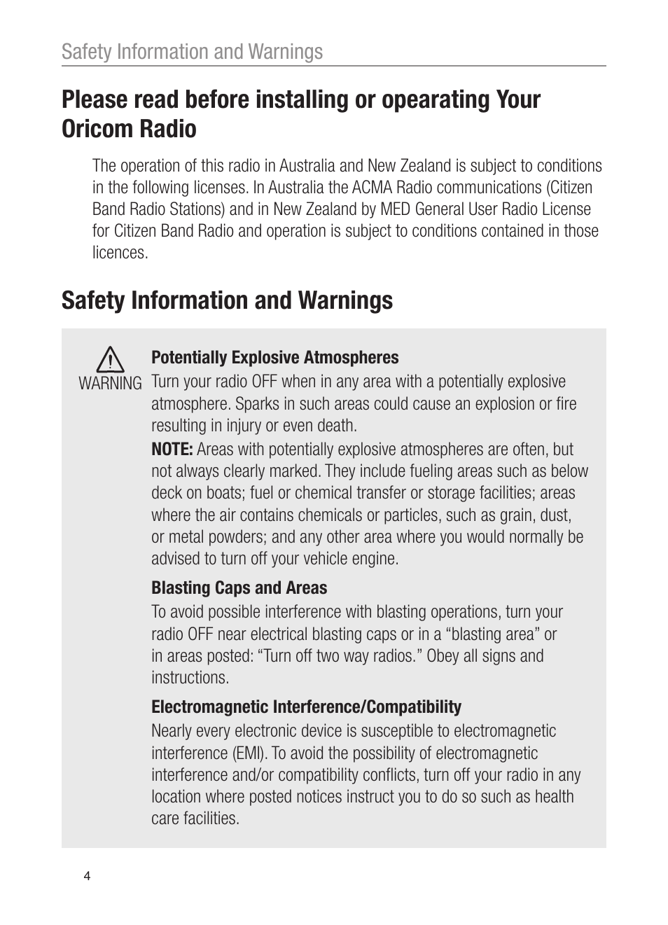 Safety information and warnings | Oricom UHF200 User Manual | Page 4 / 36