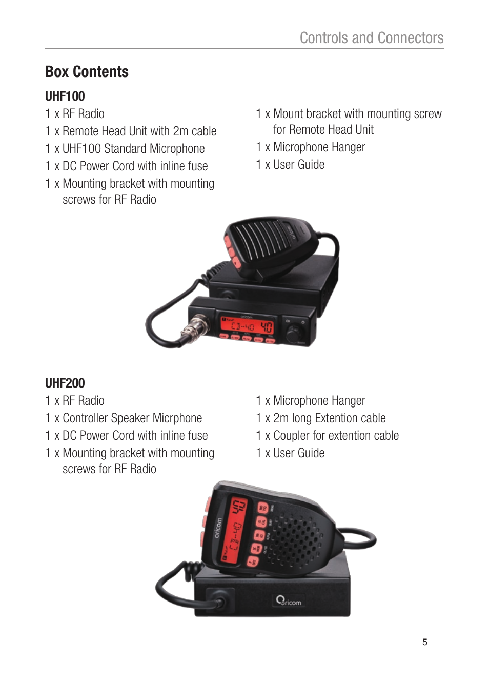 Box contents, Controls and connectors | Oricom UHF200 User Manual | Page 5 / 36