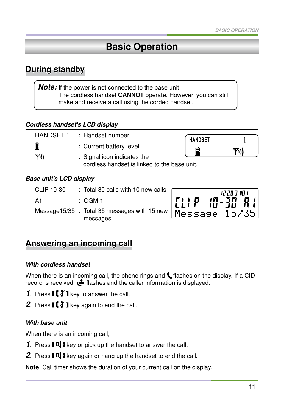 Basic operation, During standby, Answering an incoming call | Oricom M5500 Series User Manual | Page 13 / 52