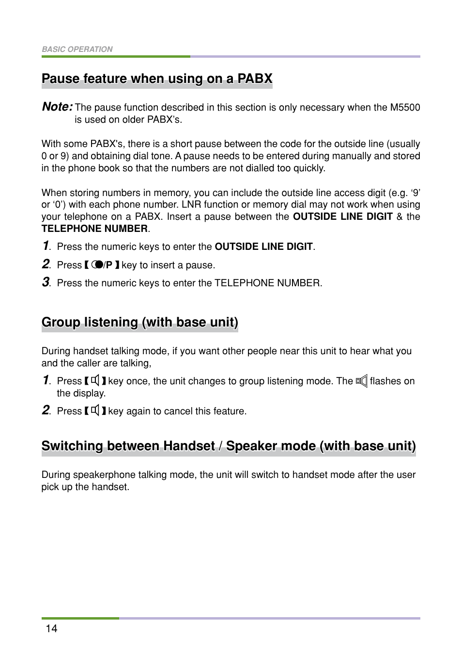 Pause feature when using on a pabx, Group listening (with base unit) | Oricom M5500 Series User Manual | Page 16 / 52