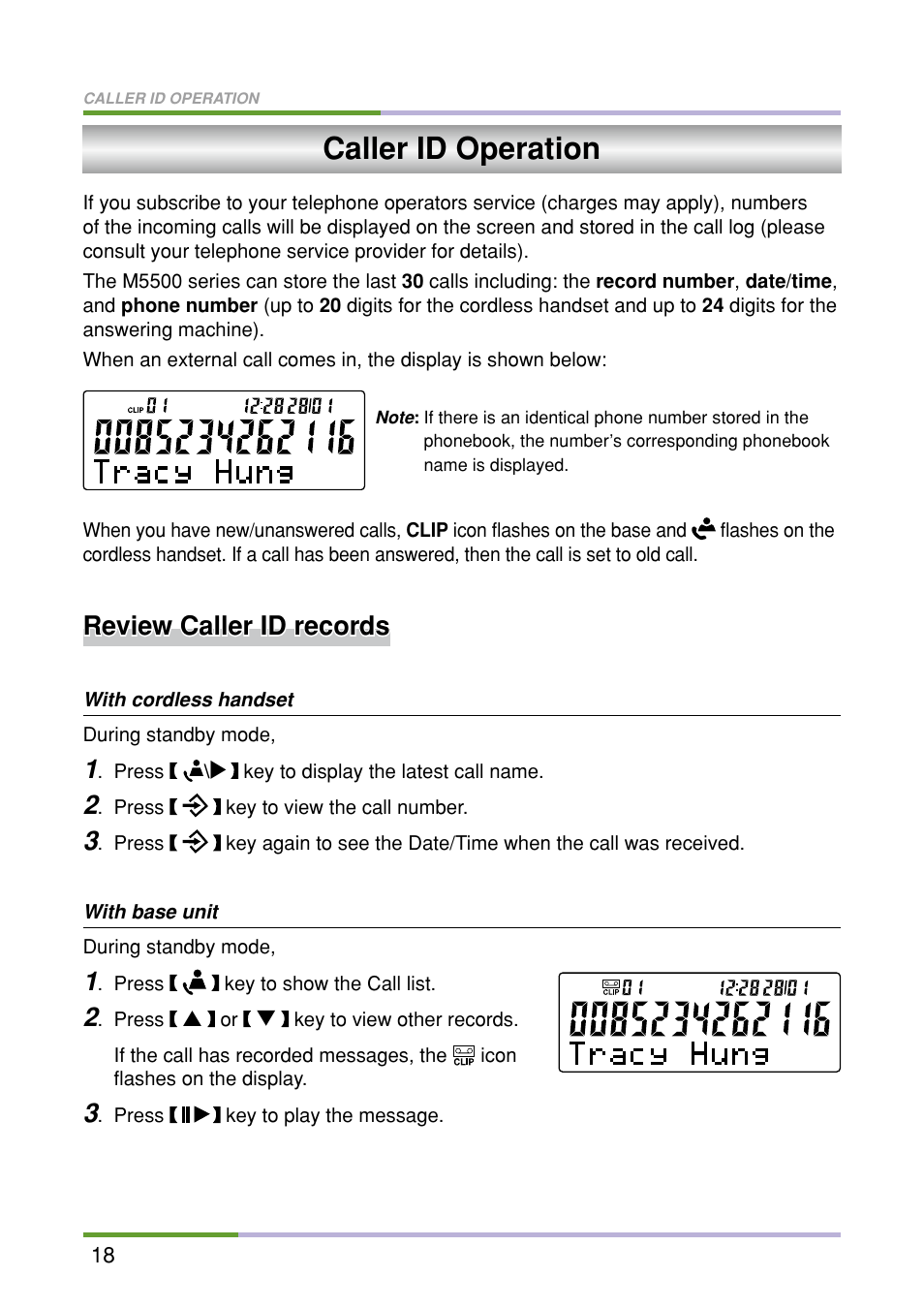 Caller id operation, Review caller id records | Oricom M5500 Series User Manual | Page 20 / 52