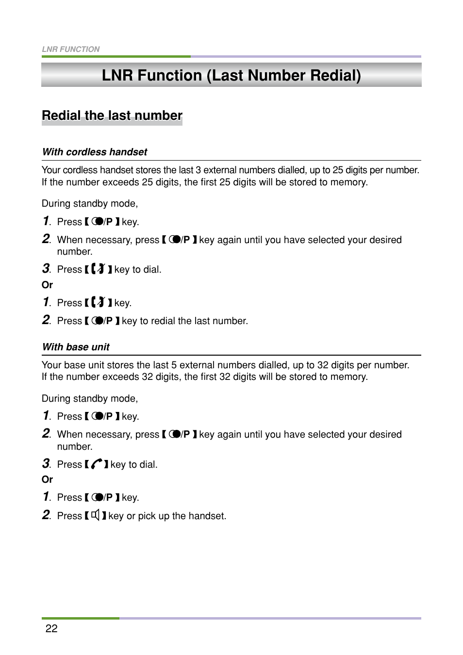 Lnr function (last number redial), Redial the last number | Oricom M5500 Series User Manual | Page 24 / 52