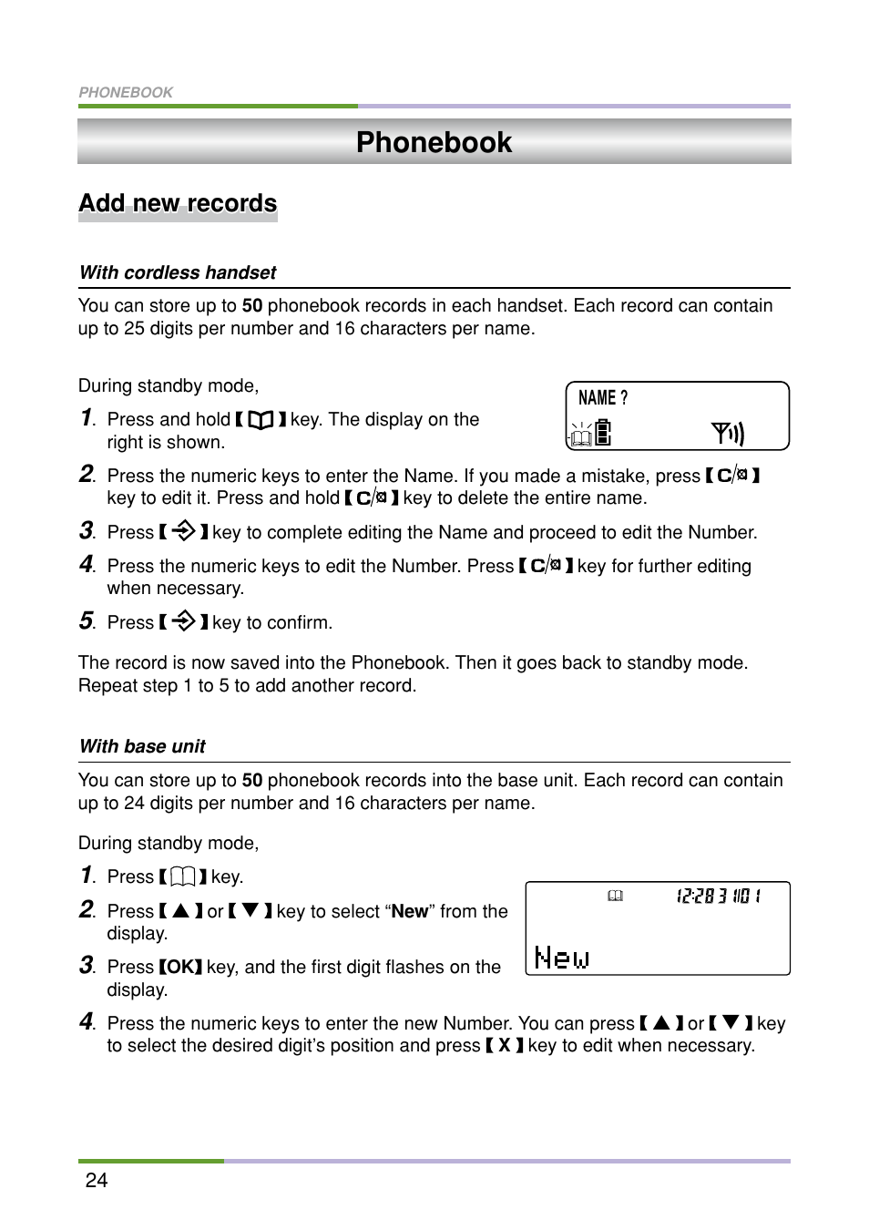 Phonebook, Add new records | Oricom M5500 Series User Manual | Page 26 / 52