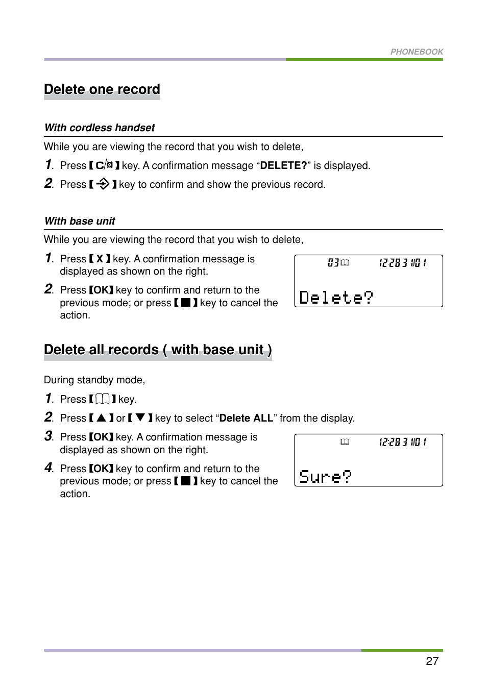 Delete one record, Delete all records ( with base unit ) | Oricom M5500 Series User Manual | Page 29 / 52