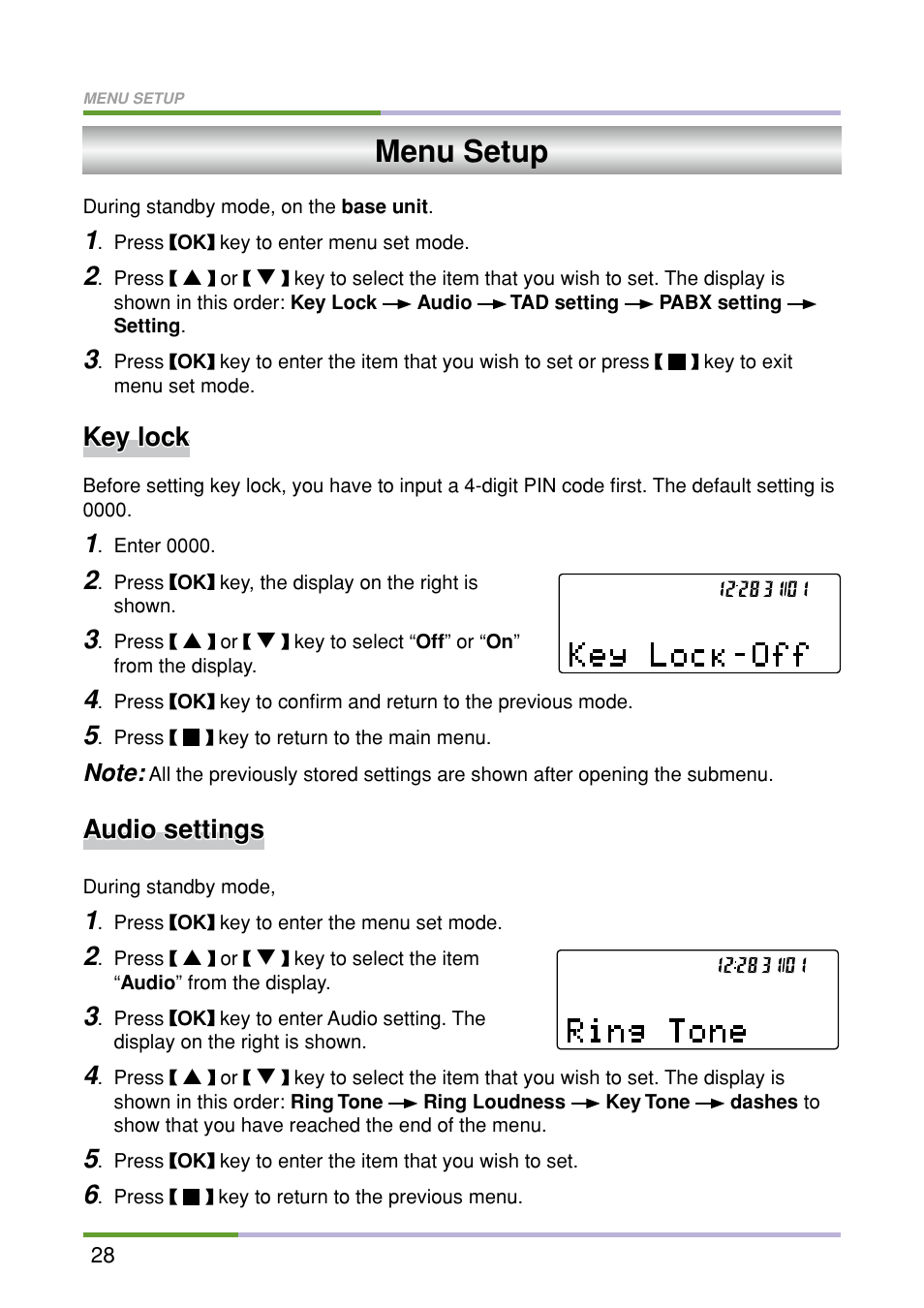 Menu setup, Audio settings, Key lock | Oricom M5500 Series User Manual | Page 30 / 52