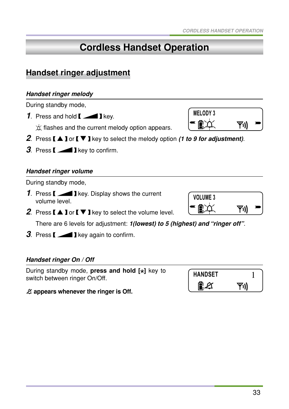 Cordless handset operation, Handset ringer adjustment | Oricom M5500 Series User Manual | Page 35 / 52