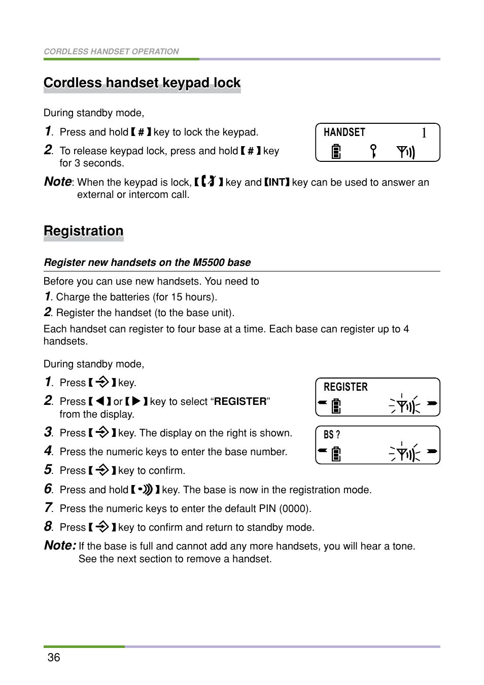 Cordless handset keypad lock, Registration | Oricom M5500 Series User Manual | Page 38 / 52