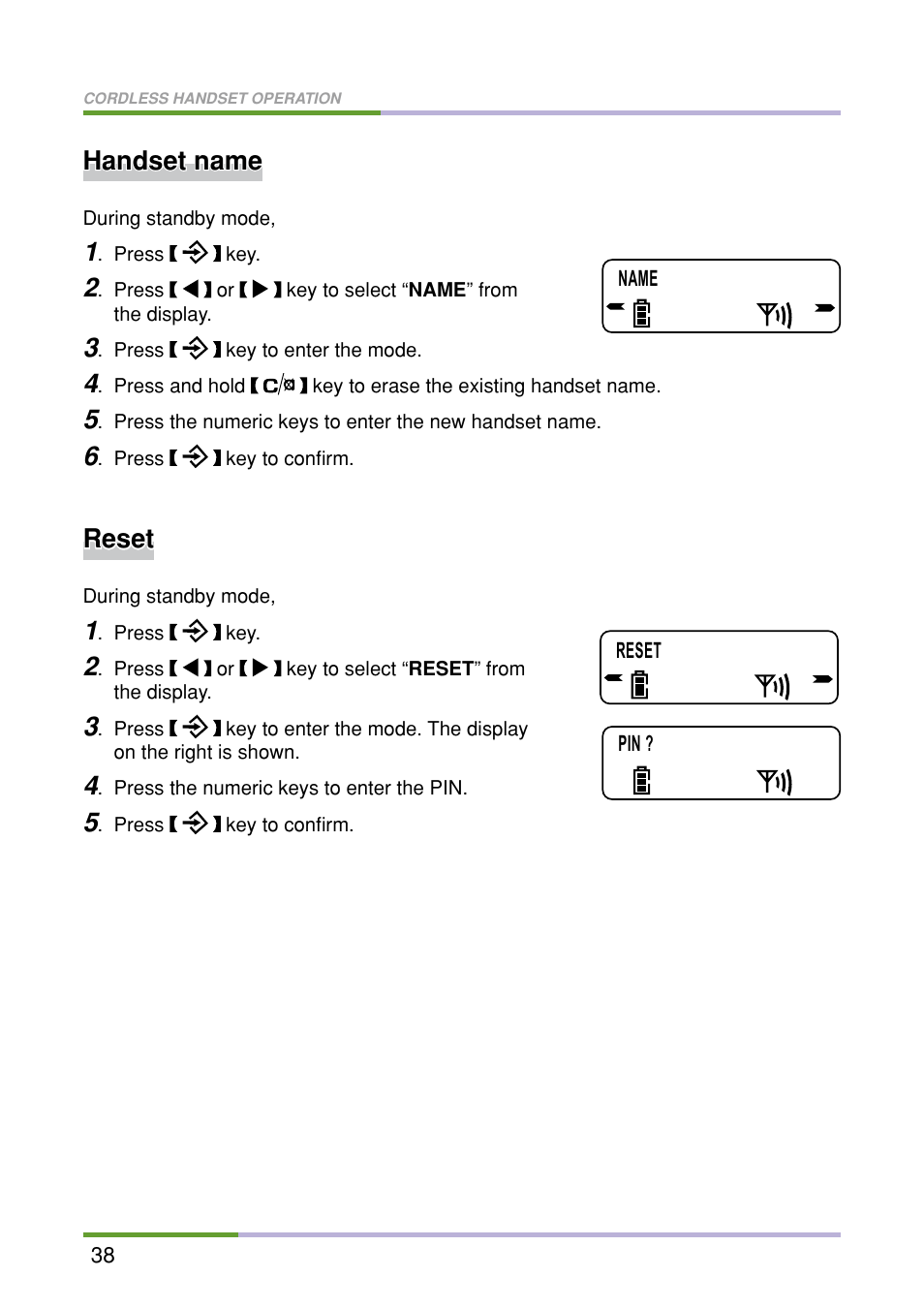 Reset, Handset name | Oricom M5500 Series User Manual | Page 40 / 52