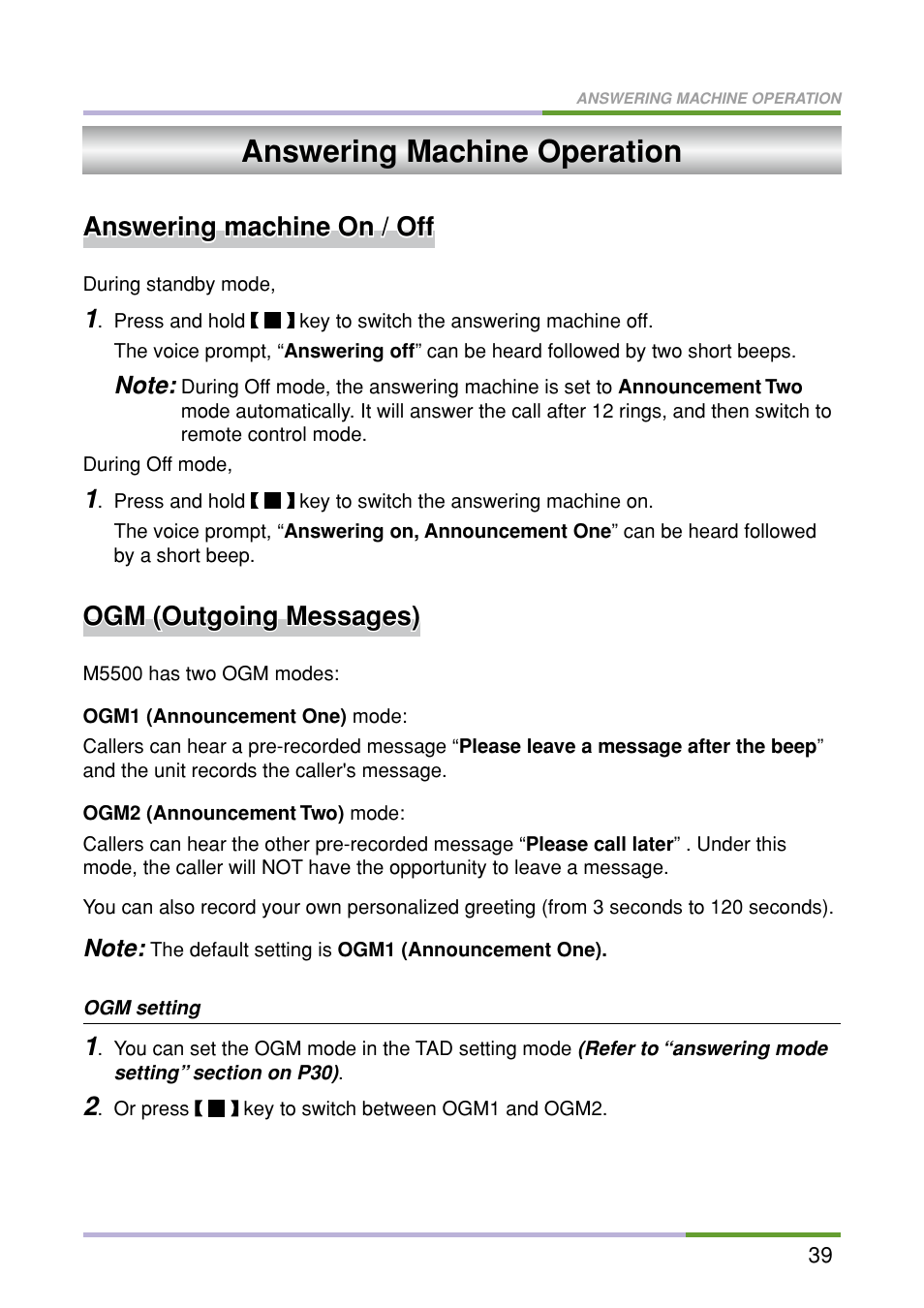 Answering machine operation, Answering machine on / off, Ogm (outgoing messages) | Oricom M5500 Series User Manual | Page 41 / 52
