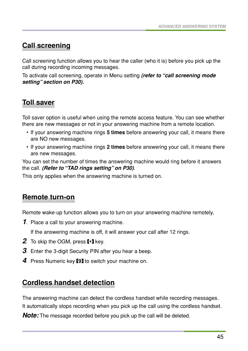Call screening, Toll saver, Remote turn-on | Cordless handset detection | Oricom M5500 Series User Manual | Page 47 / 52