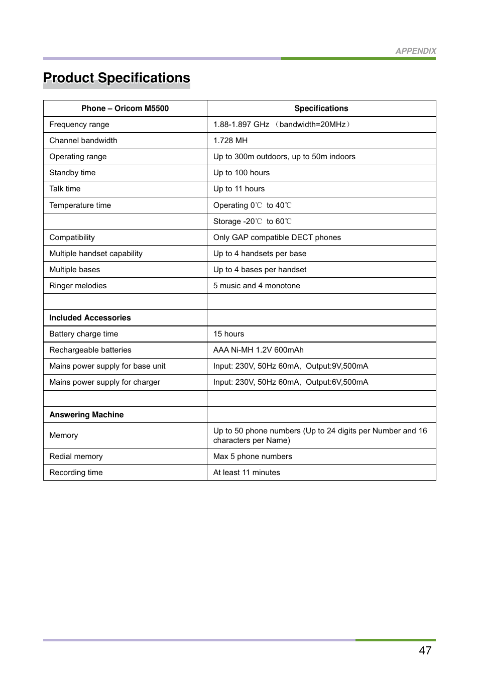Product speciﬁcations | Oricom M5500 Series User Manual | Page 49 / 52