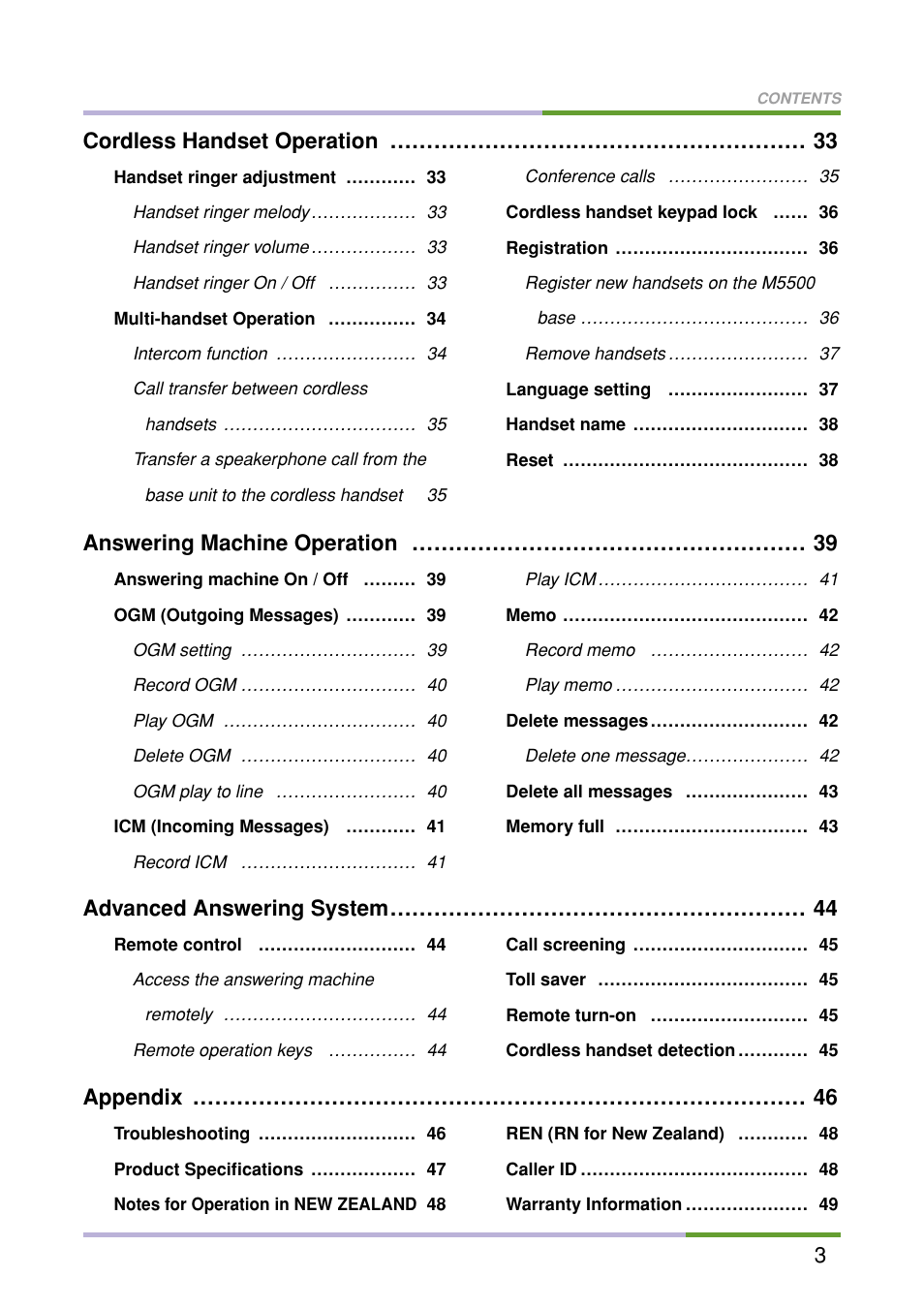Cordless handset operation ………………………………………………… 33, Answering machine operation ……………………………………………… 39, Advanced answering system………………………………………………… 44 | Appendix ………………………………………………………………………… 46 | Oricom M5500 Series User Manual | Page 5 / 52