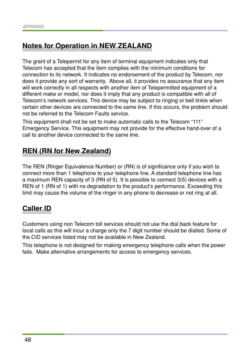 Ren (rn for new zealand), Caller id | Oricom M5500 Series User Manual | Page 50 / 52