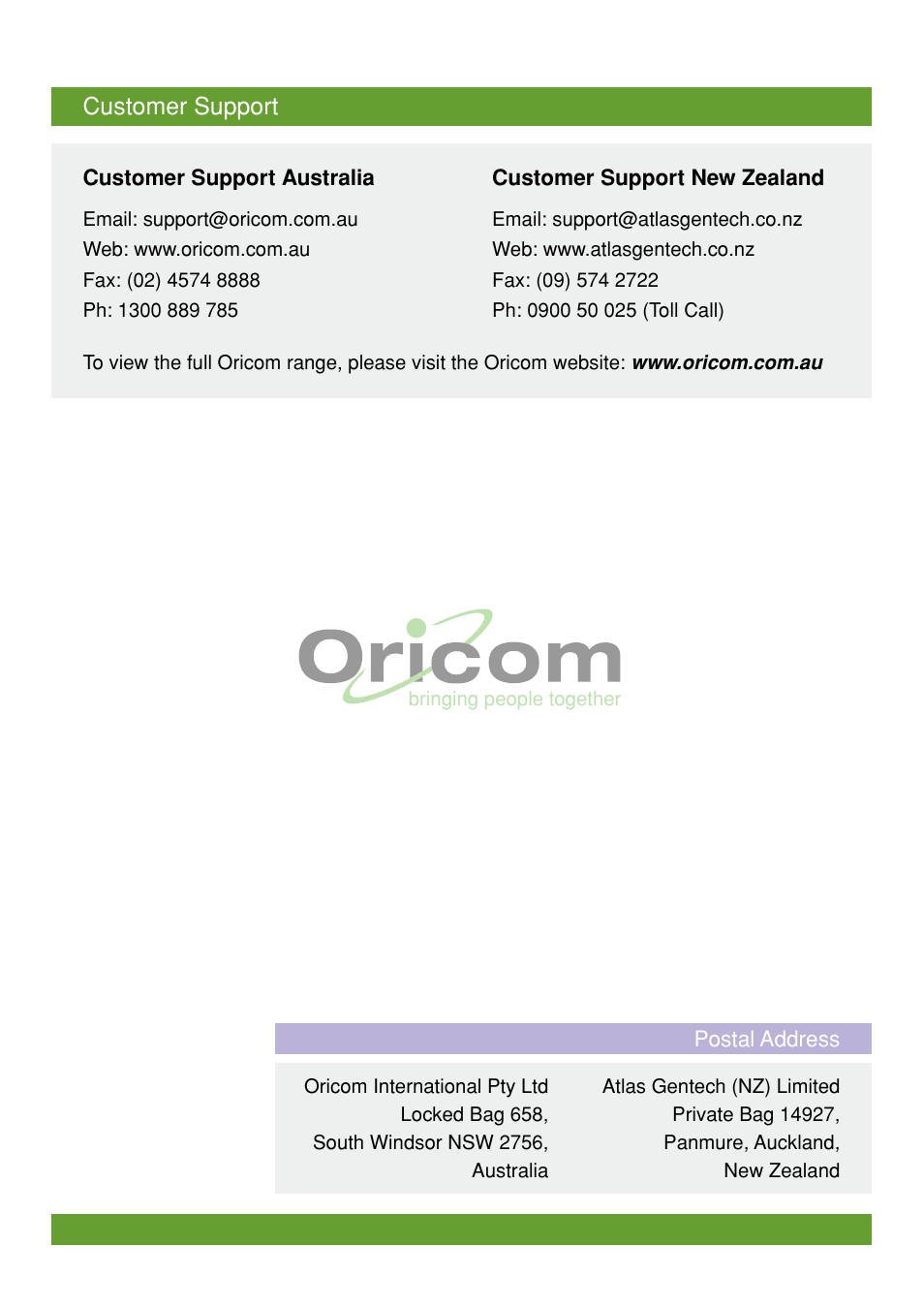 Customer support | Oricom M5500 Series User Manual | Page 52 / 52