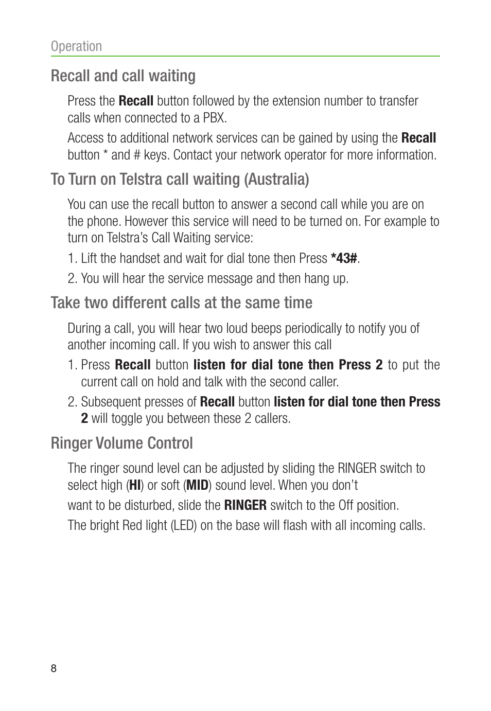 Recall and call waiting, Take two different calls at the same time, Ringer volume control | Oricom CARE80 User Manual | Page 10 / 18