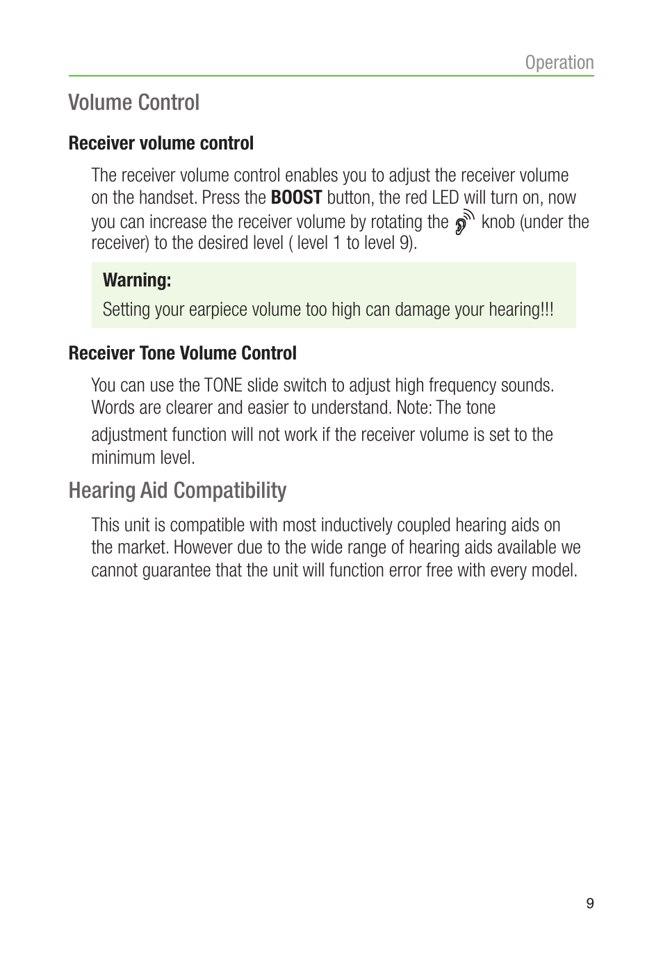 Volume control, Hearing aid compatibility | Oricom CARE80 User Manual | Page 11 / 18