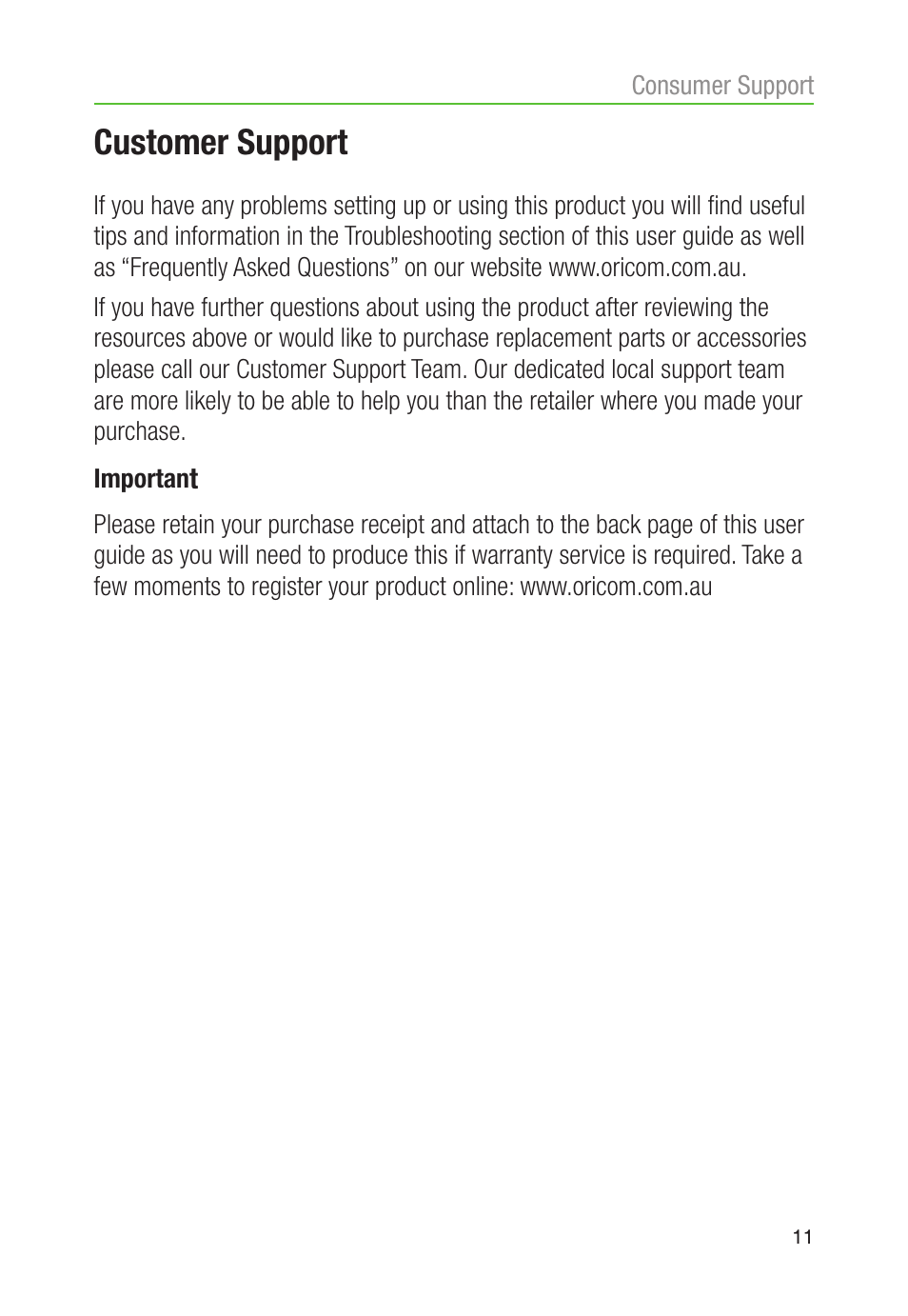 Customer support | Oricom CARE80 User Manual | Page 13 / 18