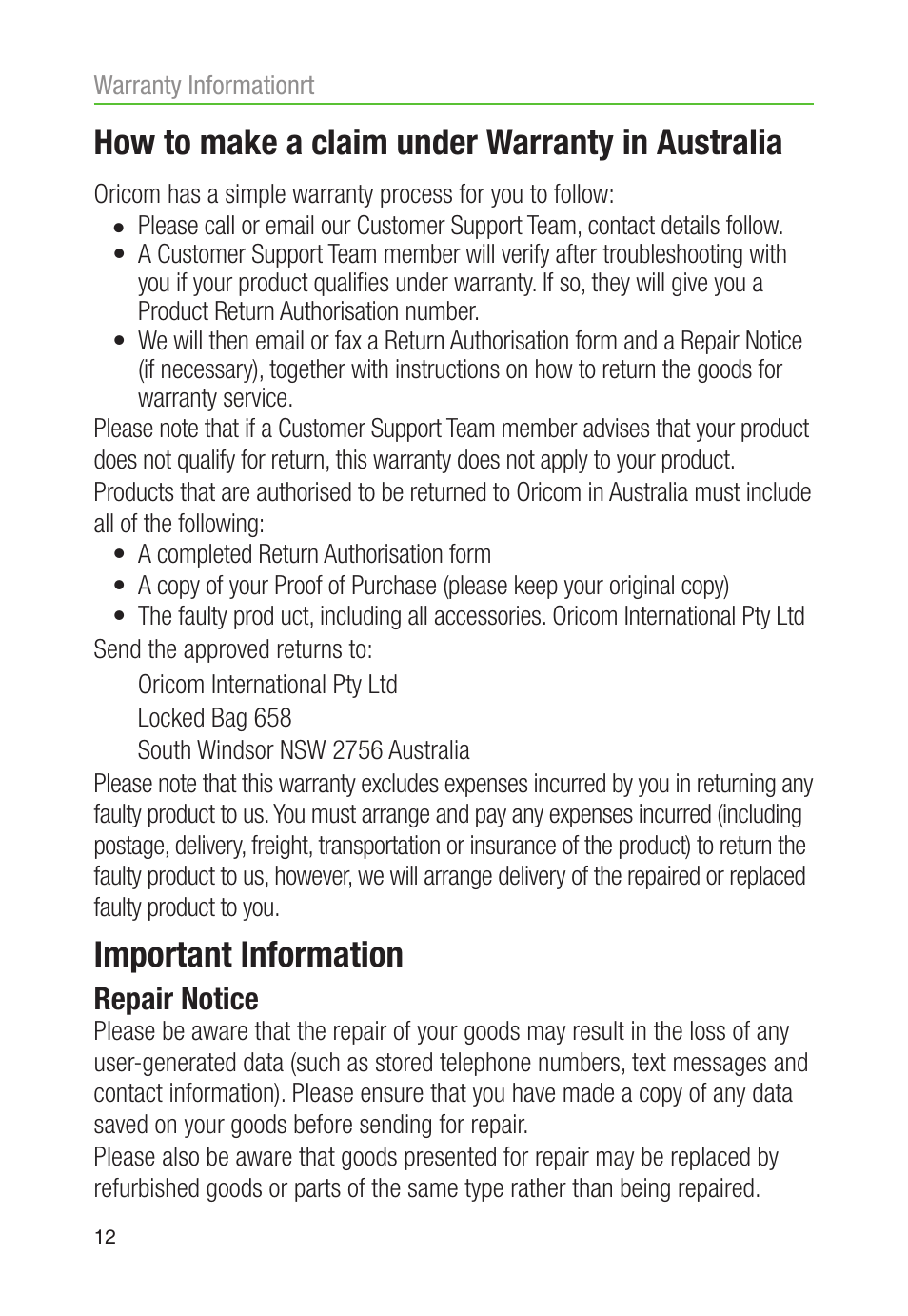 How to make a claim under warranty in australia, Important information, Repair notice | Oricom CARE80 User Manual | Page 14 / 18