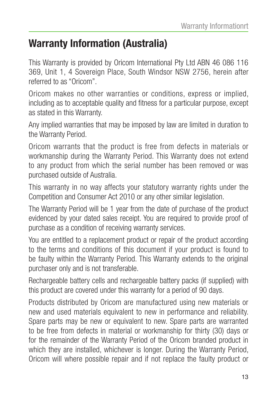 Warranty information (australia) | Oricom CARE80 User Manual | Page 15 / 18