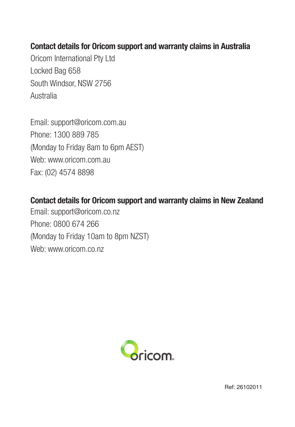 Oricom CARE80 User Manual | Page 18 / 18