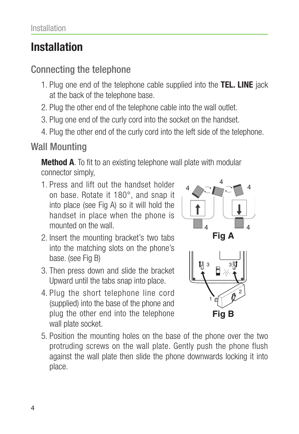 Installation, Connecting the telephone, Wall mounting | Oricom CARE80 User Manual | Page 6 / 18