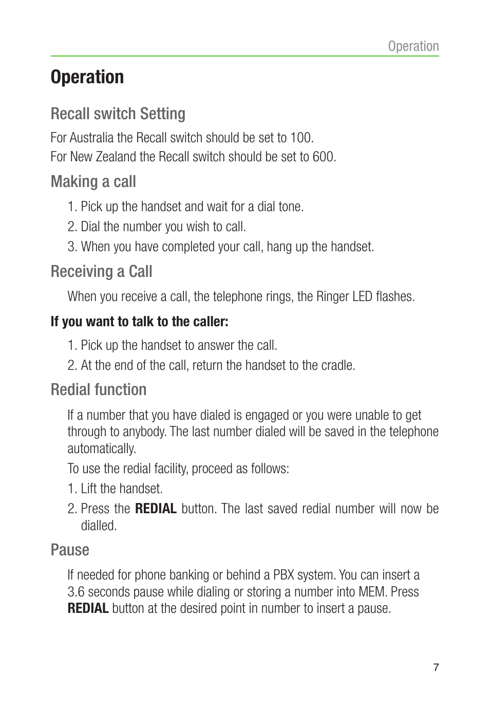 Operation | Oricom CARE80 User Manual | Page 9 / 18
