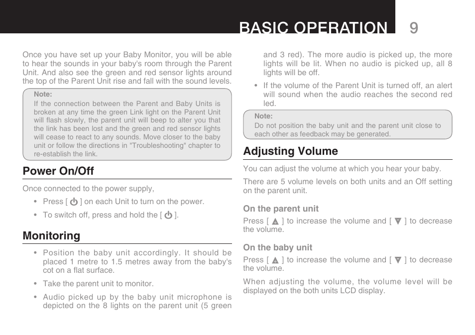 9basic operation, Power on/off, Monitoring | Adjusting volume | Oricom SECURE 200 User Manual | Page 11 / 24