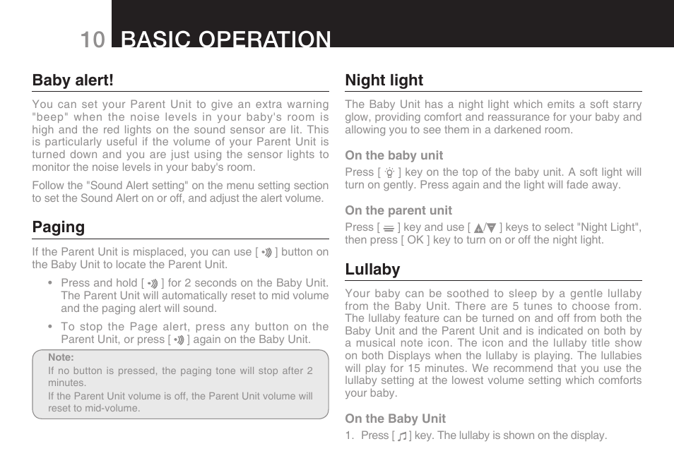 10 basic operation, Baby alert, Paging | Night light, Lullaby | Oricom SECURE 200 User Manual | Page 12 / 24