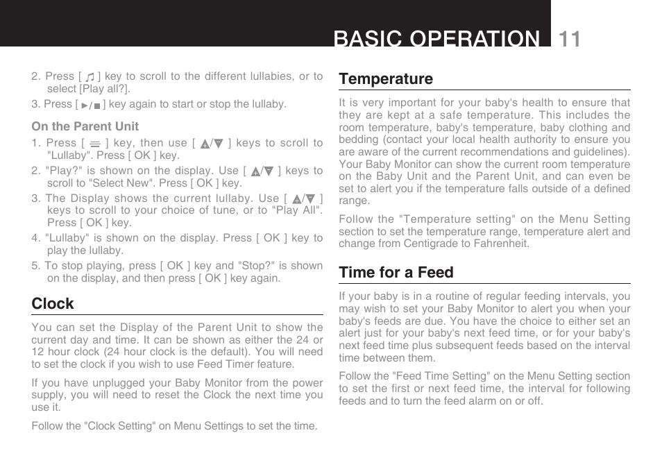 11 basic operation, Clock, Temperature | Time for a feed | Oricom SECURE 200 User Manual | Page 13 / 24