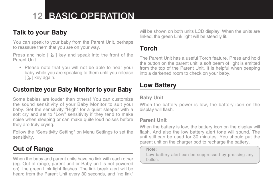 12 basic operation, Talk to your baby, Customize your baby monitor to your baby | Out of range, Torch, Low battery | Oricom SECURE 200 User Manual | Page 14 / 24