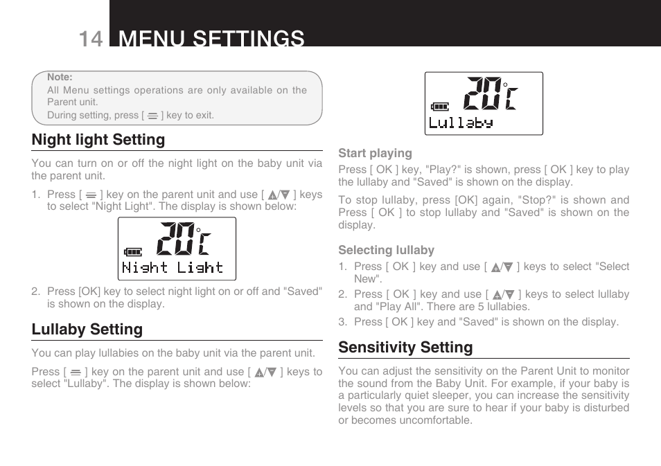 14 menu settings, Night light setting, Lullaby setting | Sensitivity setting | Oricom SECURE 200 User Manual | Page 16 / 24