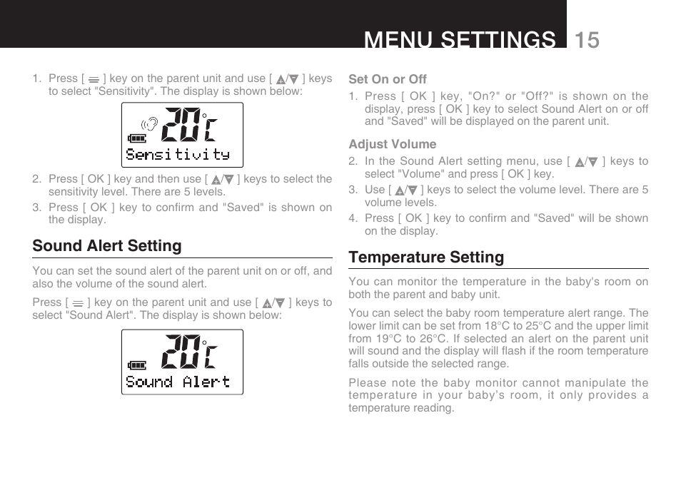 15 menu settings, Sound alert setting, Temperature setting | Oricom SECURE 200 User Manual | Page 17 / 24