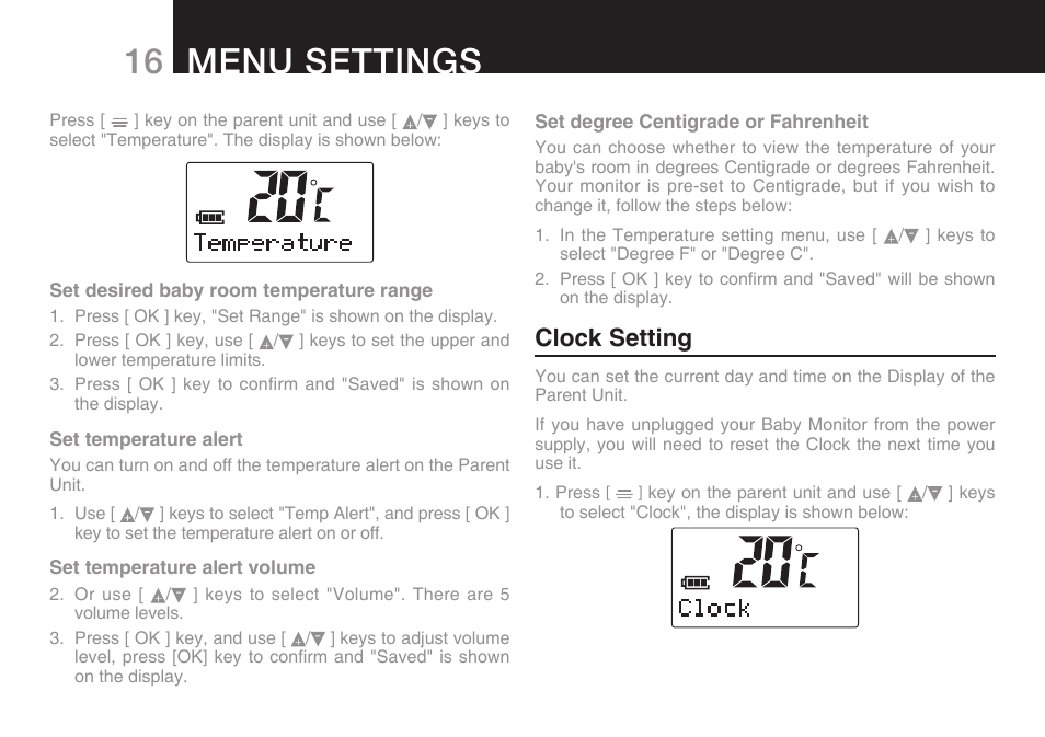 16 menu settings, Clock setting | Oricom SECURE 200 User Manual | Page 18 / 24