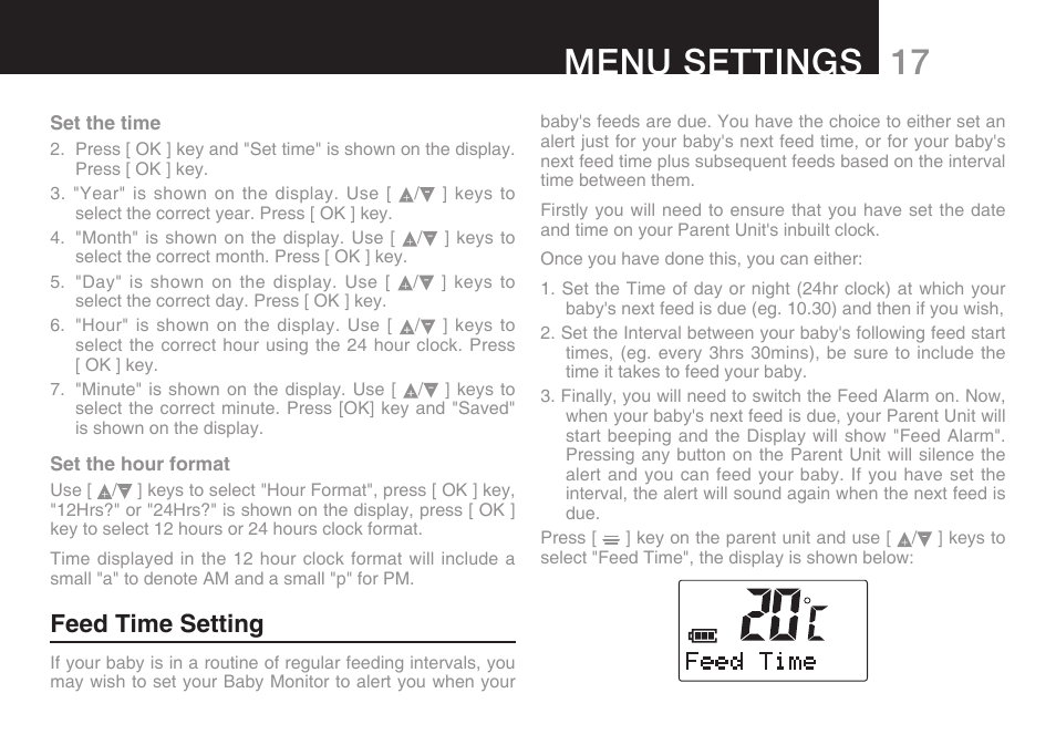 17 menu settings, Feed time setting | Oricom SECURE 200 User Manual | Page 19 / 24