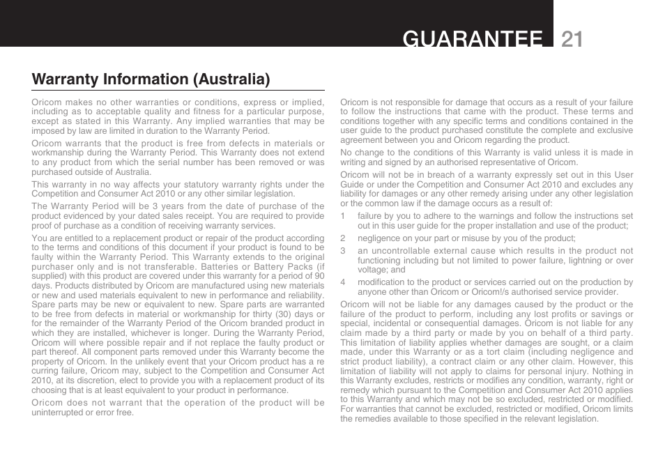 21 guarantee, Warranty information (australia) | Oricom SECURE 200 User Manual | Page 23 / 24