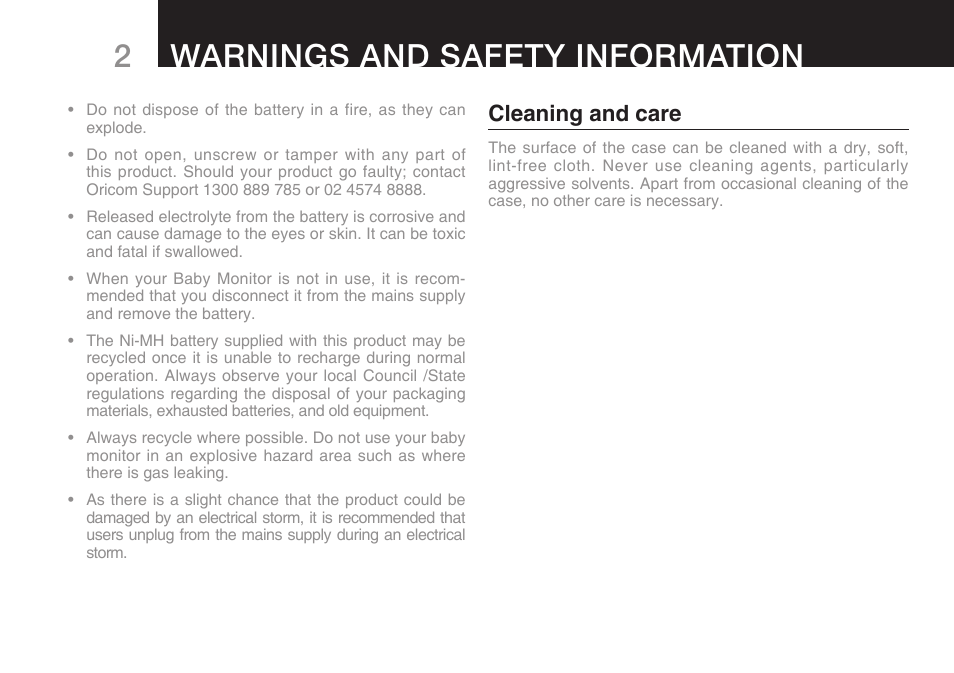 2warnings and safety information, Cleaning and care | Oricom SECURE 200 User Manual | Page 4 / 24