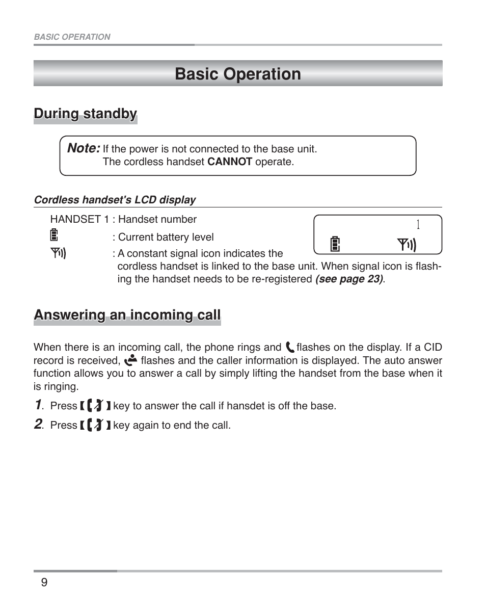 Basic operation, During standby, Answering an incoming call | Oricom ECO5100 User Manual | Page 12 / 44