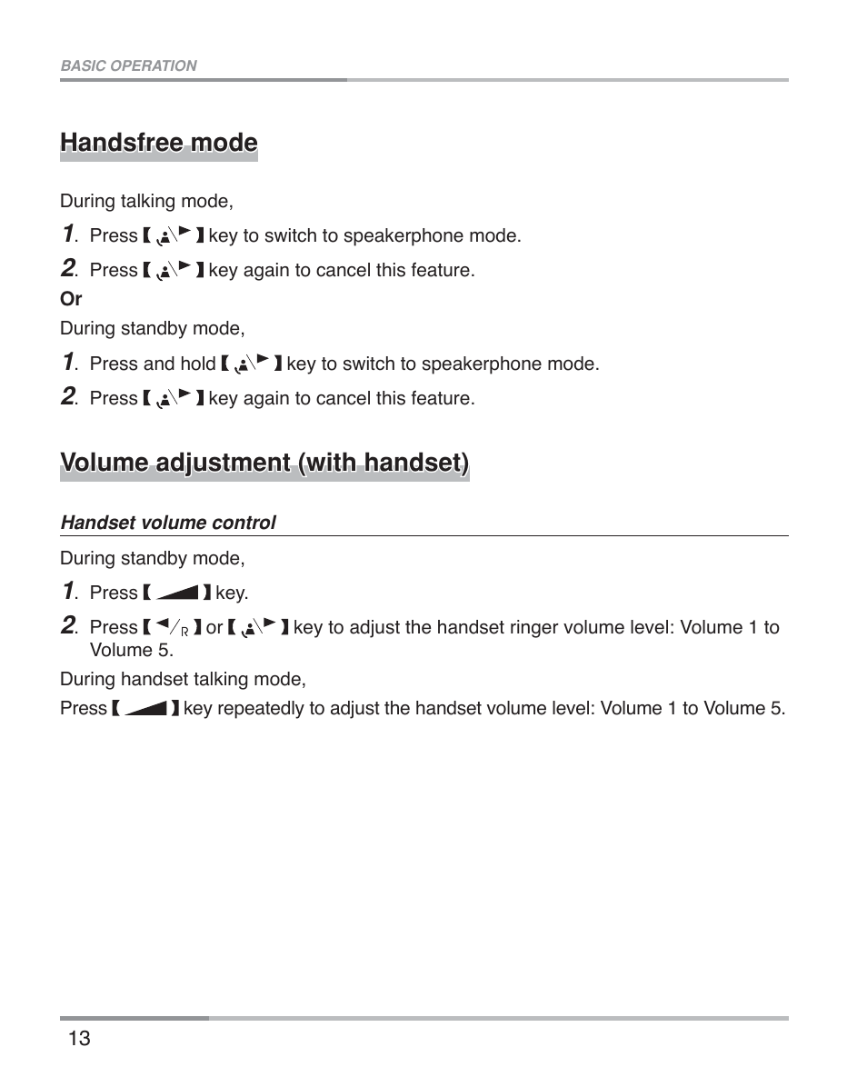 Handsfree mode, Volume adjustment (with handset) | Oricom ECO5100 User Manual | Page 16 / 44