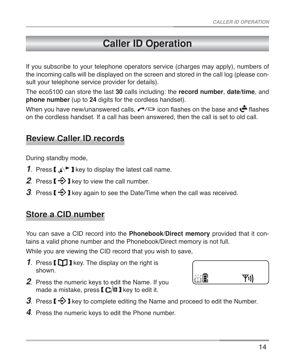 Caller id operation, Review caller id records, Store a cid number | Oricom ECO5100 User Manual | Page 17 / 44