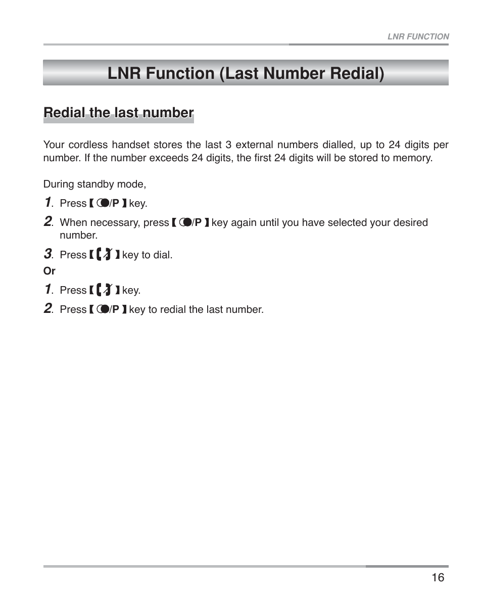 Lnr function (last number redial), Redial the last number | Oricom ECO5100 User Manual | Page 19 / 44