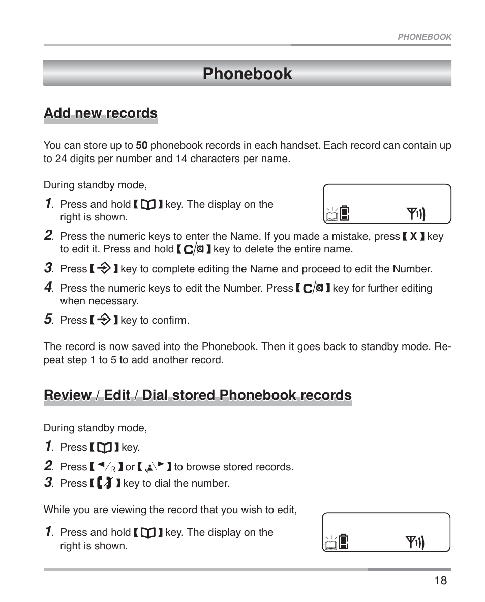 Phonebook, Add new records, Review / edit / dial stored phonebook records | Oricom ECO5100 User Manual | Page 21 / 44