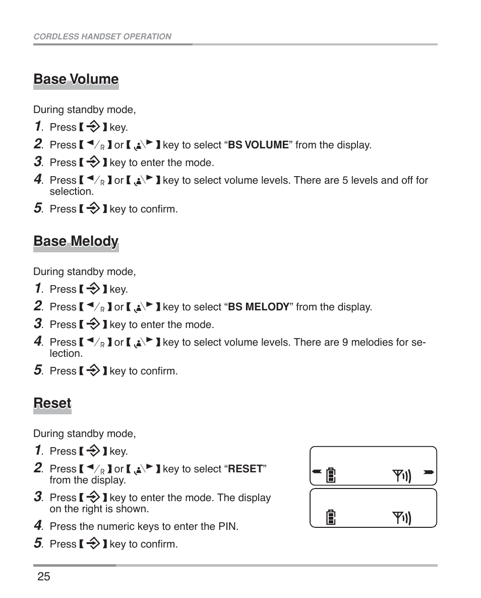 Base volume, Base melody, Reset | Oricom ECO5100 User Manual | Page 28 / 44