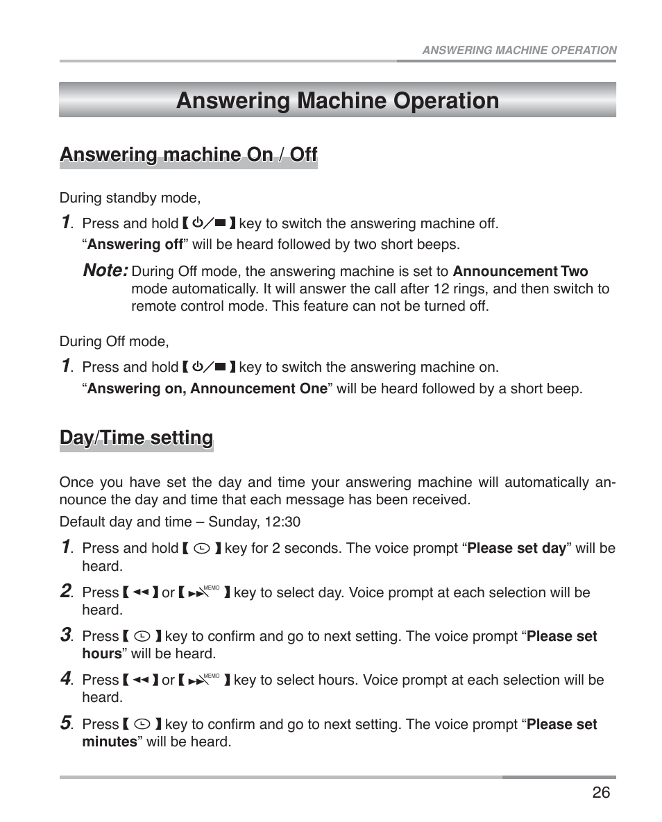 Answering machine operation, Answering machine on / off, Day/time setting | Oricom ECO5100 User Manual | Page 29 / 44