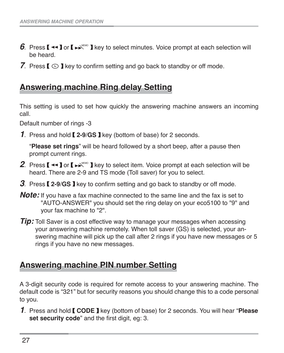 Answering machine ring delay setting, Answering machine pin number setting | Oricom ECO5100 User Manual | Page 30 / 44
