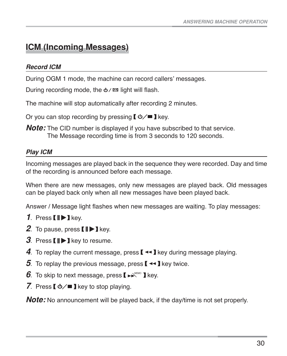 Icm (incoming messages) | Oricom ECO5100 User Manual | Page 33 / 44