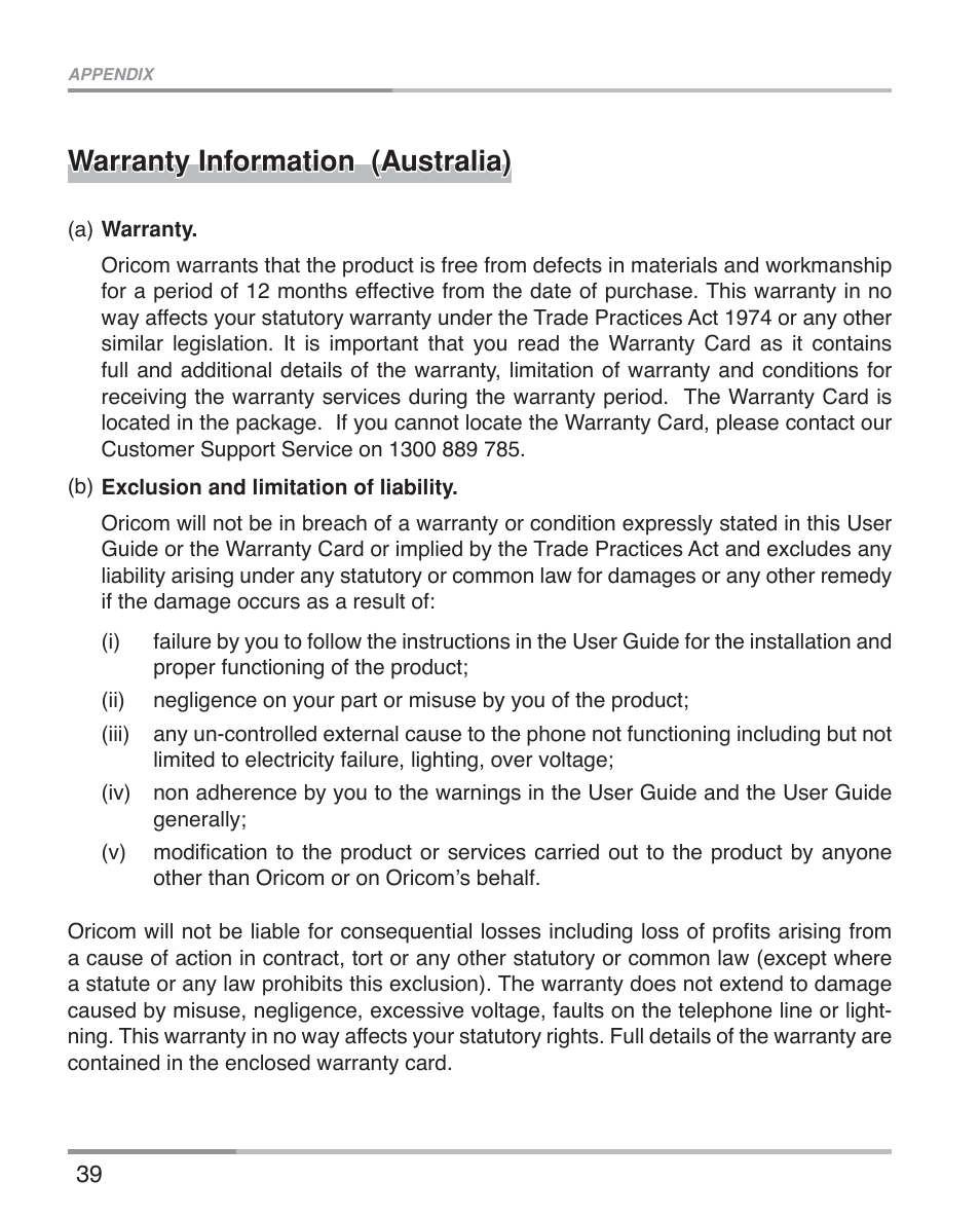 Warranty information (australia) | Oricom ECO5100 User Manual | Page 42 / 44