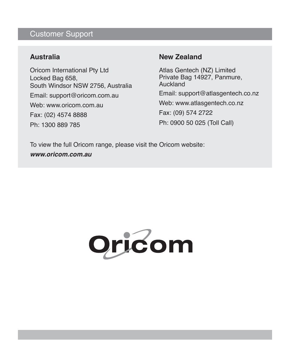 Customer support | Oricom ECO5100 User Manual | Page 44 / 44
